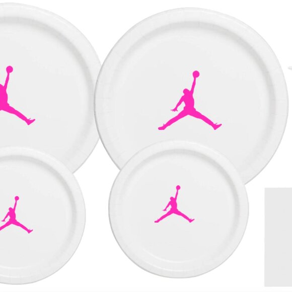 Jumpman Party Plates | White&Pink Basketball Themed Paper Plates | 60 Piece Set - Picture 4 of 5